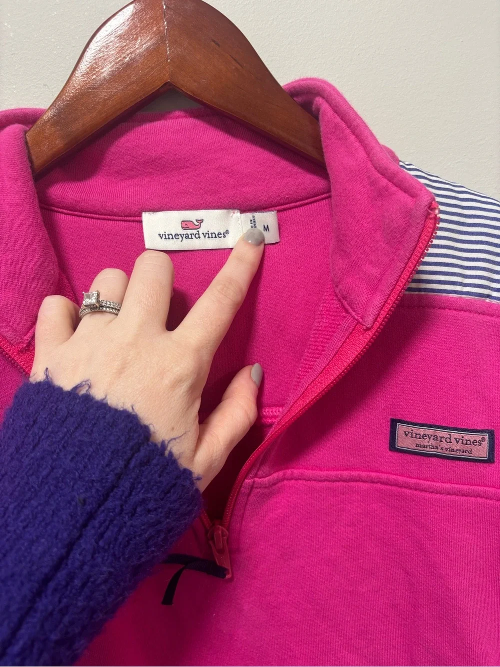 Vineyard Vines 100% Cotton Hot Pink Quarter Zip with Navy White Stripes M
